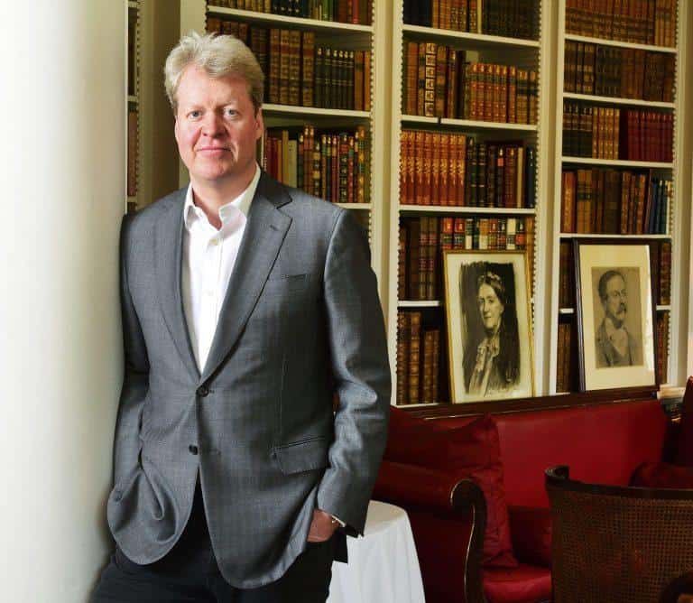Charles Spencer, 9th Earl Spencer, in the library at Althorp, Northamptonshire, 15th May, 2014. Photo by John Robertson, ©2014.
